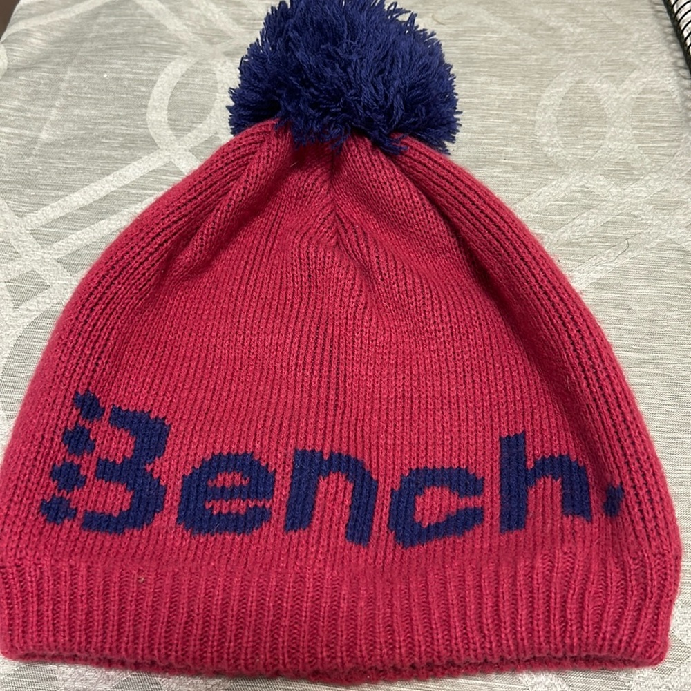Bench Winter Beanie Lined. Dark Pink and Purple logo Ski Hat Winter with Pom Pom
